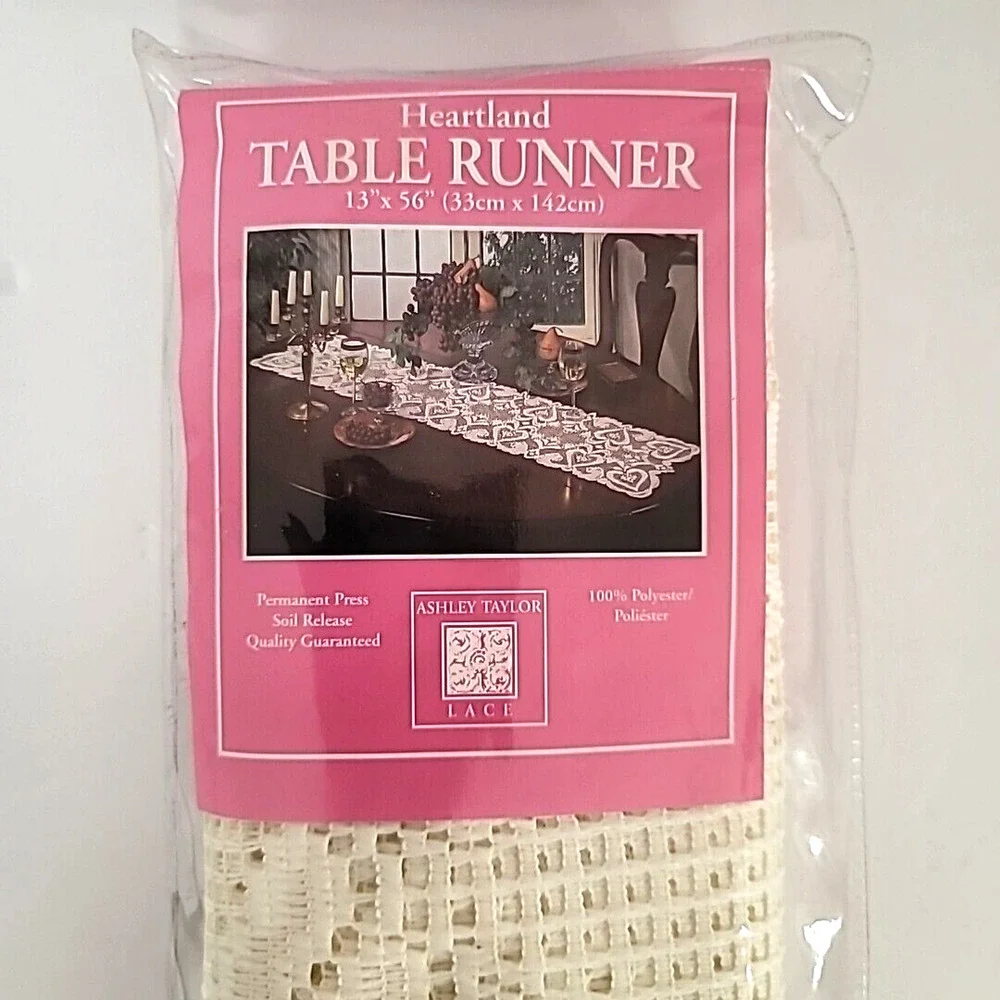 Vintage‎ Ashley Taylor Heartland Beige Lace Table Runner Hearts 13”x56”